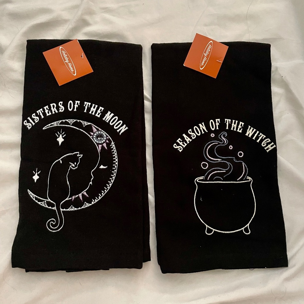 Set Of 2 Halloween Witch Black Cotton Kitchen Towels New NWT